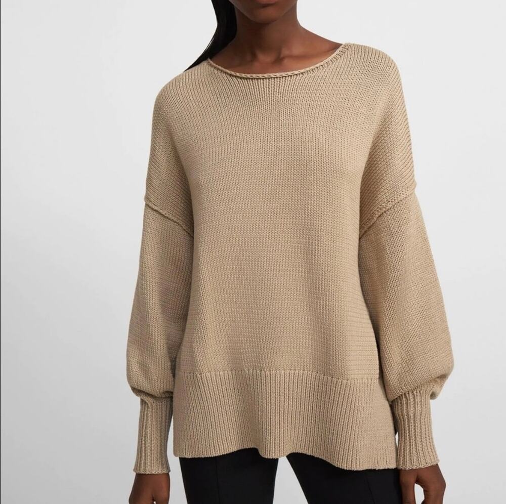 Theory Chunky Knit Oversized Cotton Slit Hem Rolled Neck Neutral Sweater - Large